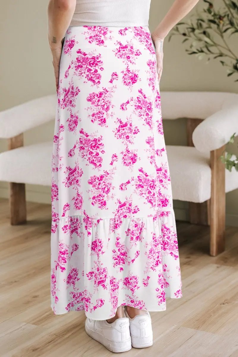 Rose Boho Floral High Waist Ruffle Split Maxi Skirt for Women - Love Salve